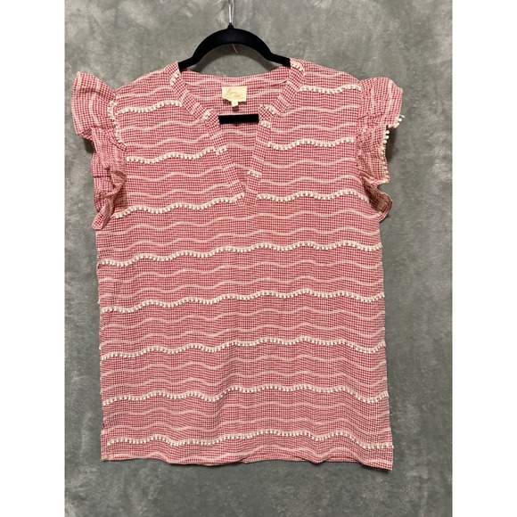 Layerz Clothing Tops - Layerz Clothing Red Gingham Pom Pom Flutter Sleeve Blouse Top Small Cottagecore